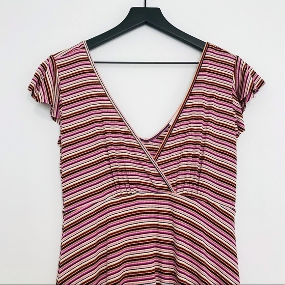 New! Stitch & Pine Ribbed Knit Stripes Fit & Flare Flutter Sleeves Mini Dress - Picture 4 of 9